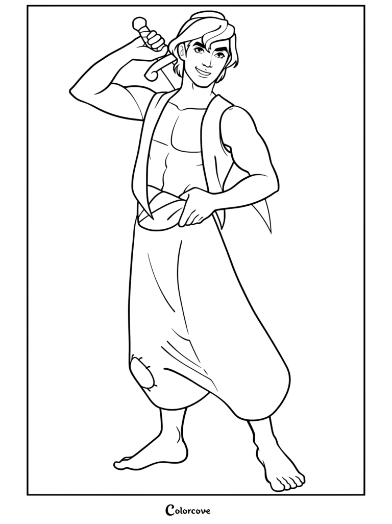 Dibujo para colorear para fans de Aladdín sosteniendo una espada y sonriendo con confianza con chaleco púrpura y pantalones estampados.
