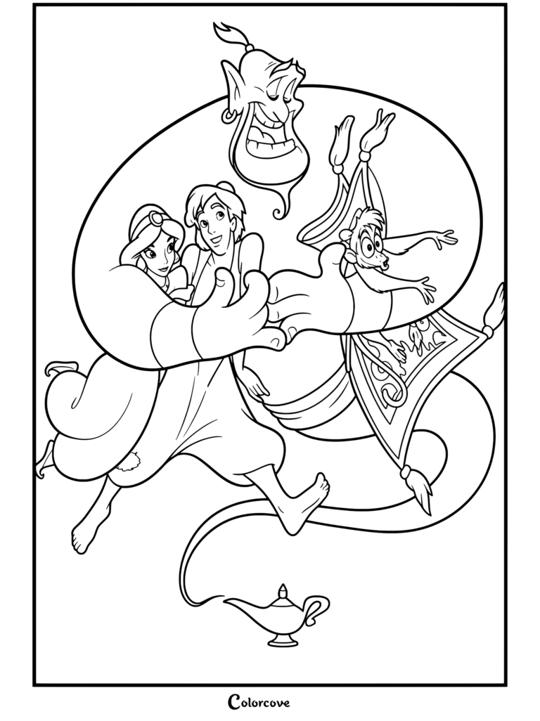 Dibujo para colorear de Aladdín, la Princesa Jasmín, el Genio, Abú y la Alfombra Mágica abrazándose y sonriendo