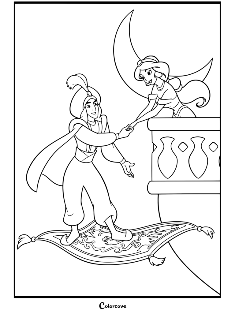 Dibujo para colorear para niños y adultos de Aladdín en la Alfombra Mágica tomando de la mano a la Princesa Jasmín en el balcón.
