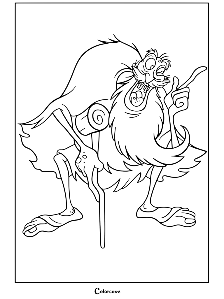 Dibujo para colorear imprimible de Aladdín con un anciano animado de barba blanca y bastón advirtiendo con el dedo.