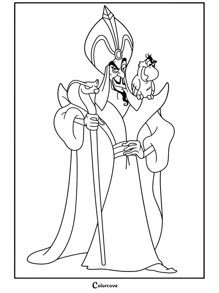 Dibujo para colorear de Aladdín con Jafar sosteniendo el cetro de cobra e Iago sobre su hombro.