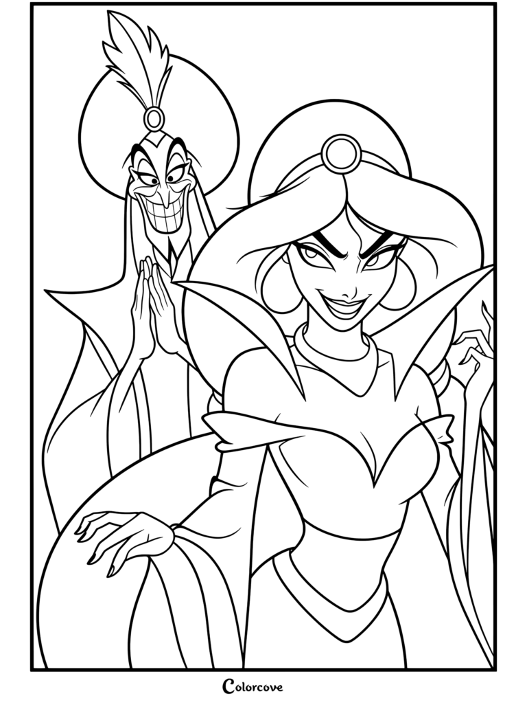 Dibujo para colorear inspirado en Aladdín con la malvada reina Princesa Jasmín en vestido negro y rojo con el malvado Jafar detrás de ella.