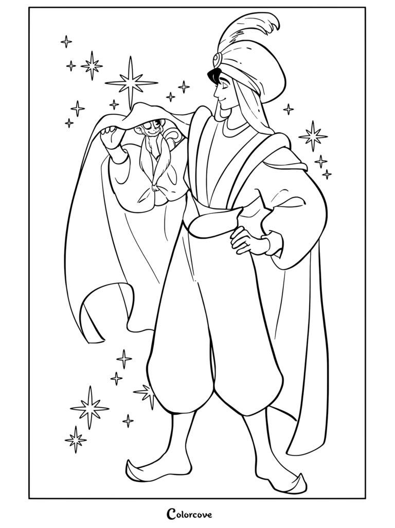 Dibujo para colorear de Aladdín y Abú vestidos de Príncipe Alí con capa morada y turbante sobre un fondo brillante