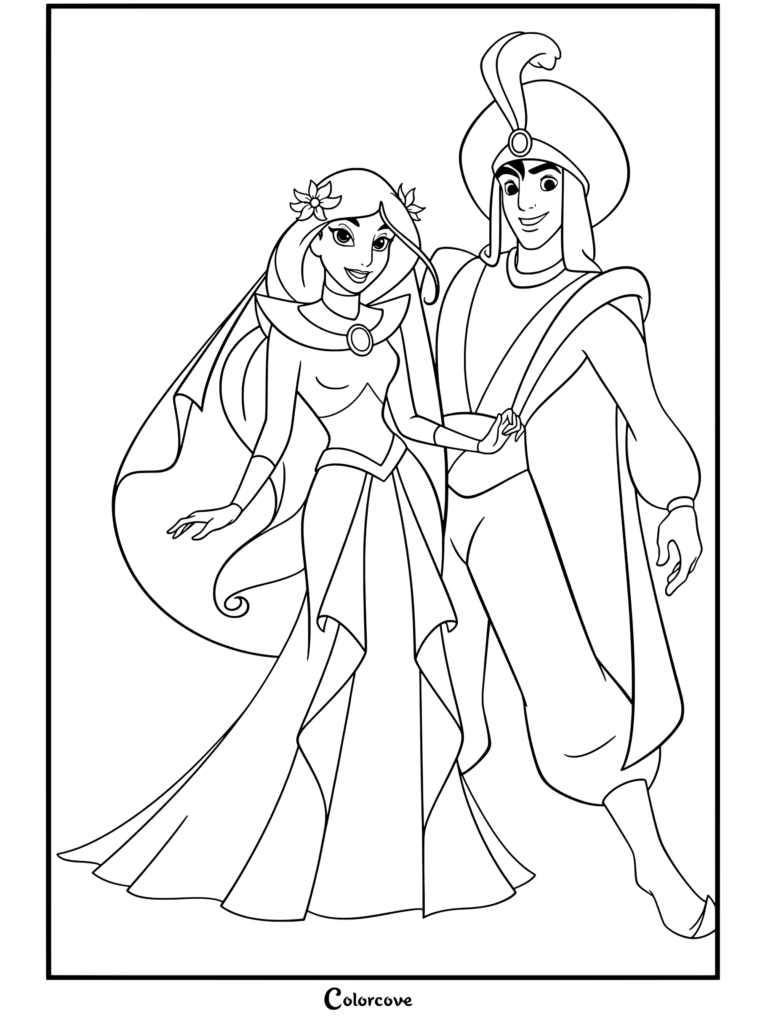 Dibujo para colorear de la Princesa Jasmín y Aladdín vestidos de boda en blanco, tomados de la mano y sonriendo juntos