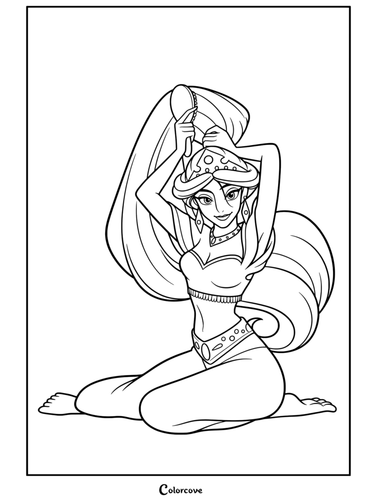 Dibujo para colorear imprimible de la Princesa Jasmín de Aladdín luciendo un atuendo rojo de esclava mientras cepilla su largo cabello castaño.
