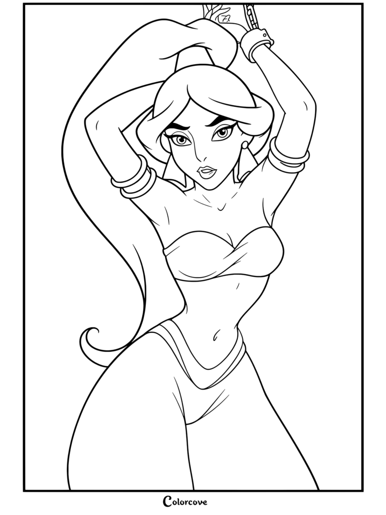 Dibujo para colorear de Aladdín con la Princesa Jasmín con atuendo rojo de cautiva, esposas y brazos encadenados, recogiéndose el pelo con expresión seria