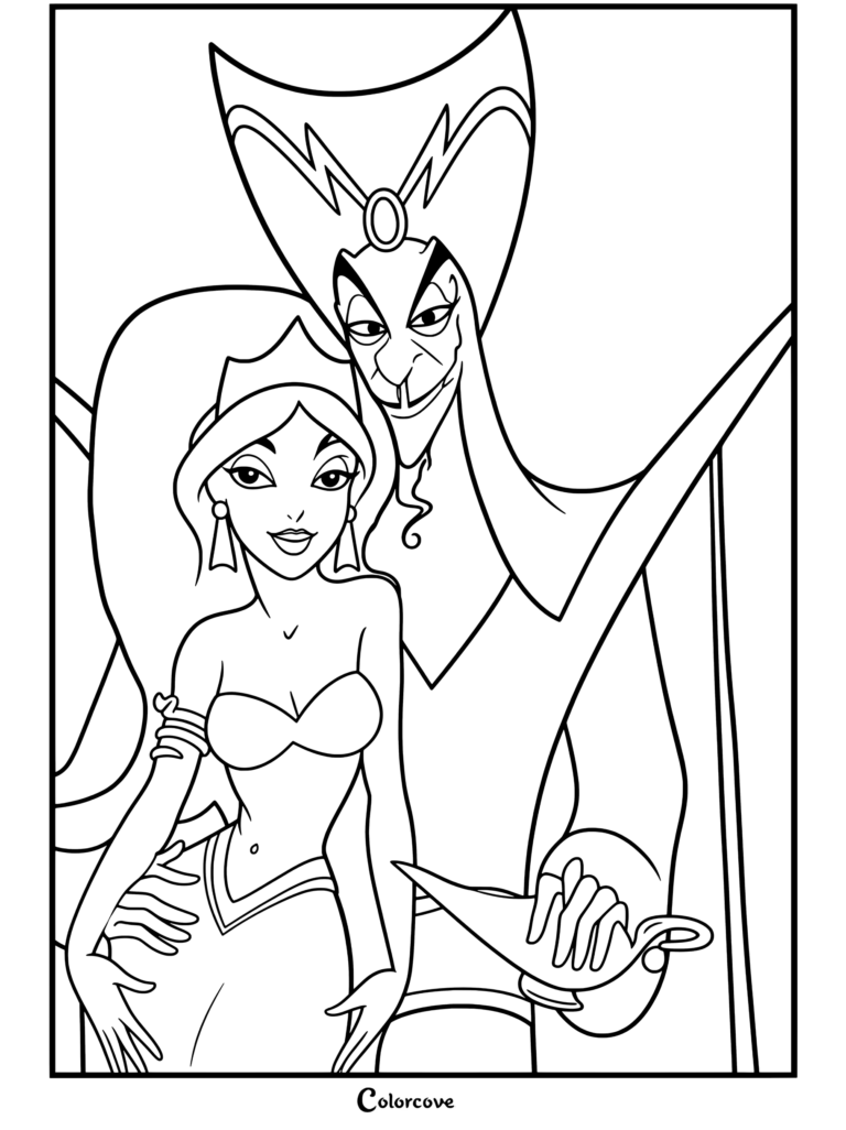 Dibujo para colorear de Aladdín con la Princesa Jasmín de rojo esclavizada por el malvado hechicero Jafar sosteniendo la lámpara mágica