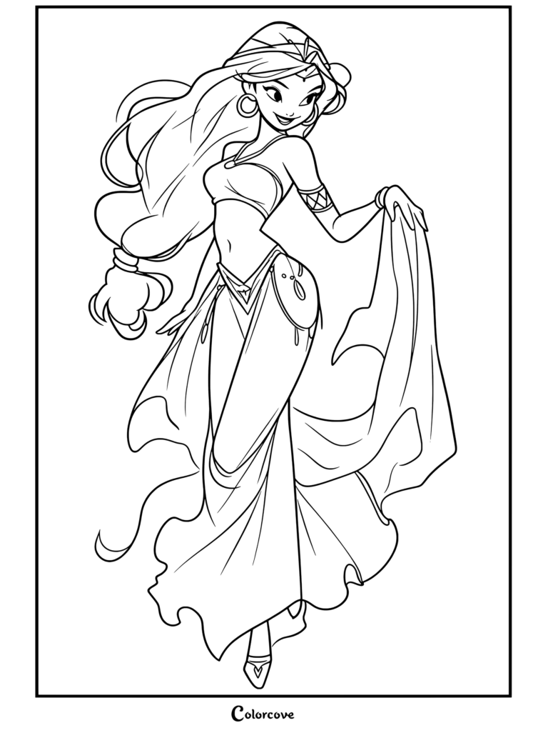 Dibujo para colorear de Aladdín con la Princesa Jasmín en vestido árabe turquesa y morado sonriendo y posando