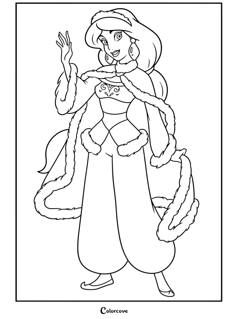 Dibujo para colorear de Aladdín con la Princesa Jasmín en atuendo de invierno saludando y llevando una capa con ribete de piel