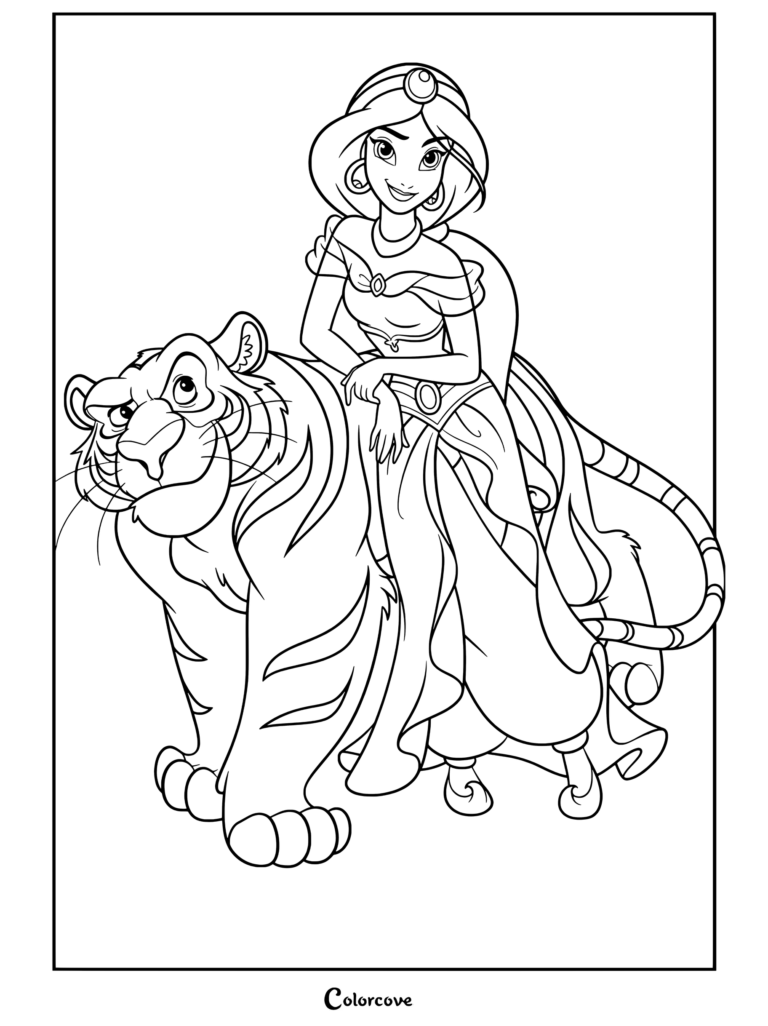 Dibujo para colorear de Aladdín con la Princesa Jasmín posando junto a su tigre mascota Rajah