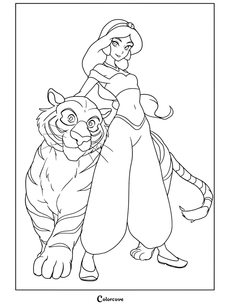 Dibujo para colorear de Aladdín con la Princesa Jasmín posando junto al tigre Rajah.
