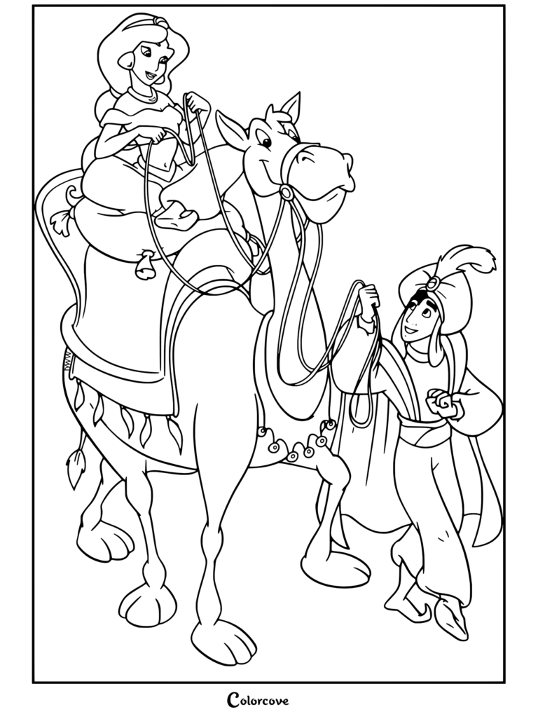 Dibujo para colorear de la Princesa Jasmín montando un camello guiado por Aladdín vestido de blanco