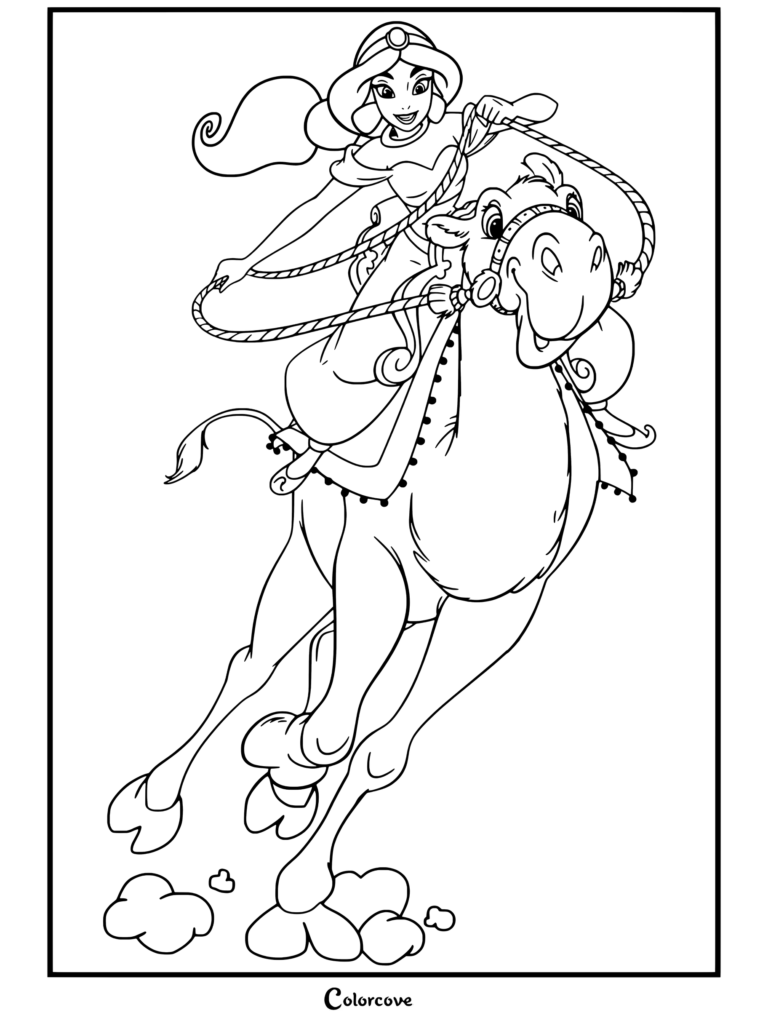 Dibujo para colorear de Aladdín con la Princesa Jasmín montando un camello al galope mientras sujeta las riendas.