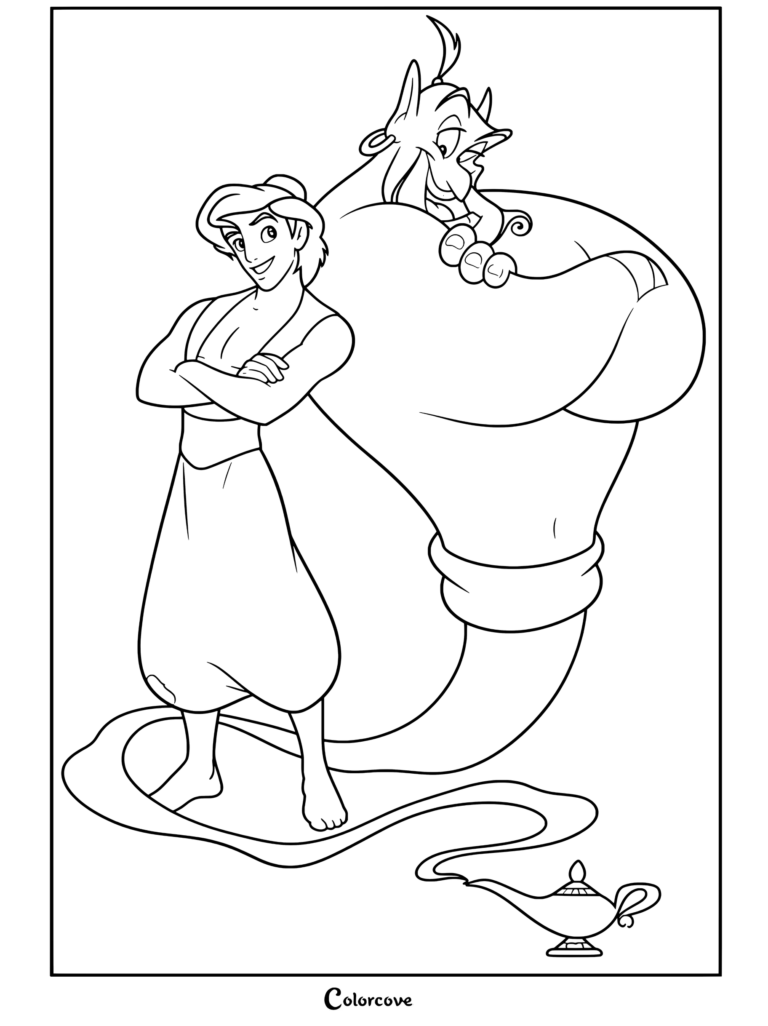 Dibujo para colorear para niños de Aladdín y el Genio espalda con espalda junto a la lámpara mágica