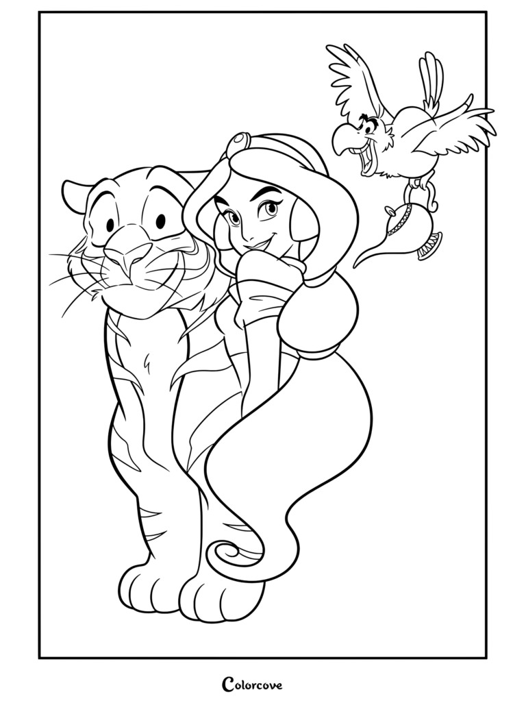 Dibujo para colorear de Aladdín con la Princesa Jasmín sentada junto a Rajah mientras Iago vuela llevando la lámpara mágica