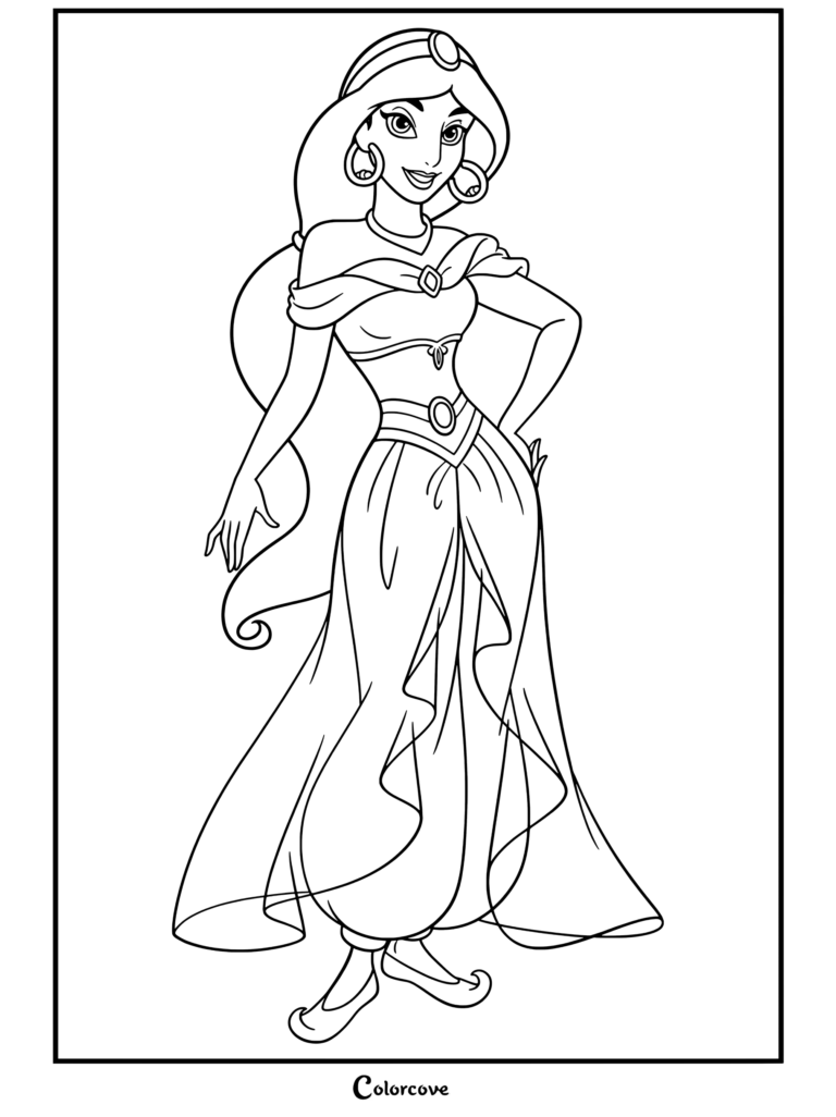 Dibujo para colorear de Aladdín con la Princesa Jasmín de pie con confianza y manos en las caderas en su clásico atuendo turquesa