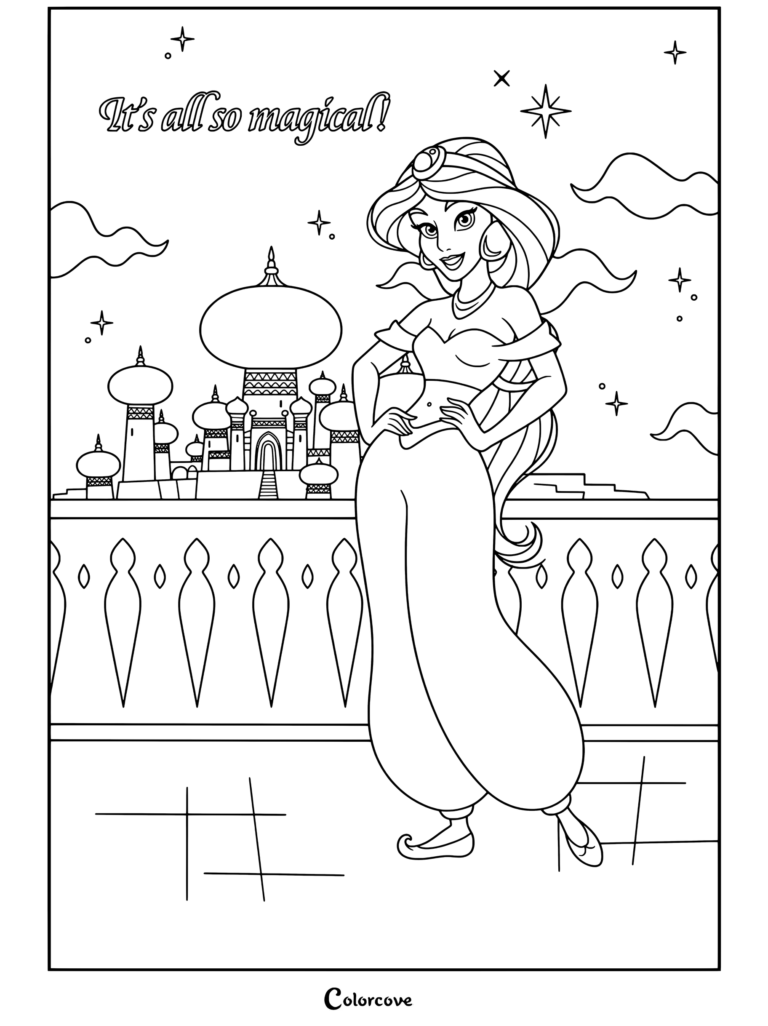 Dibujo para colorear para fans de Aladdín de la Princesa Jasmín de pie con las manos en las caderas en el balcón, con el palacio de Agrabah de fondo