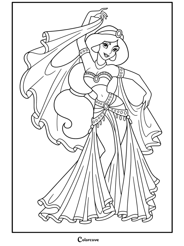 Dibujo para colorear de Aladdín con la Princesa Jasmín luciendo un traje de bailarina de danza del vientre naranja y negro, posando con gracia y velo dorado