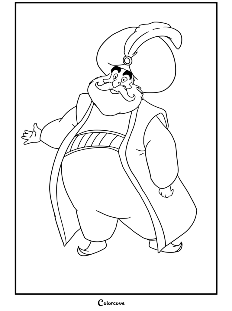 Dibujo para colorear de el Sultán de Aladdín de pie y gesticulando con expresión alegre