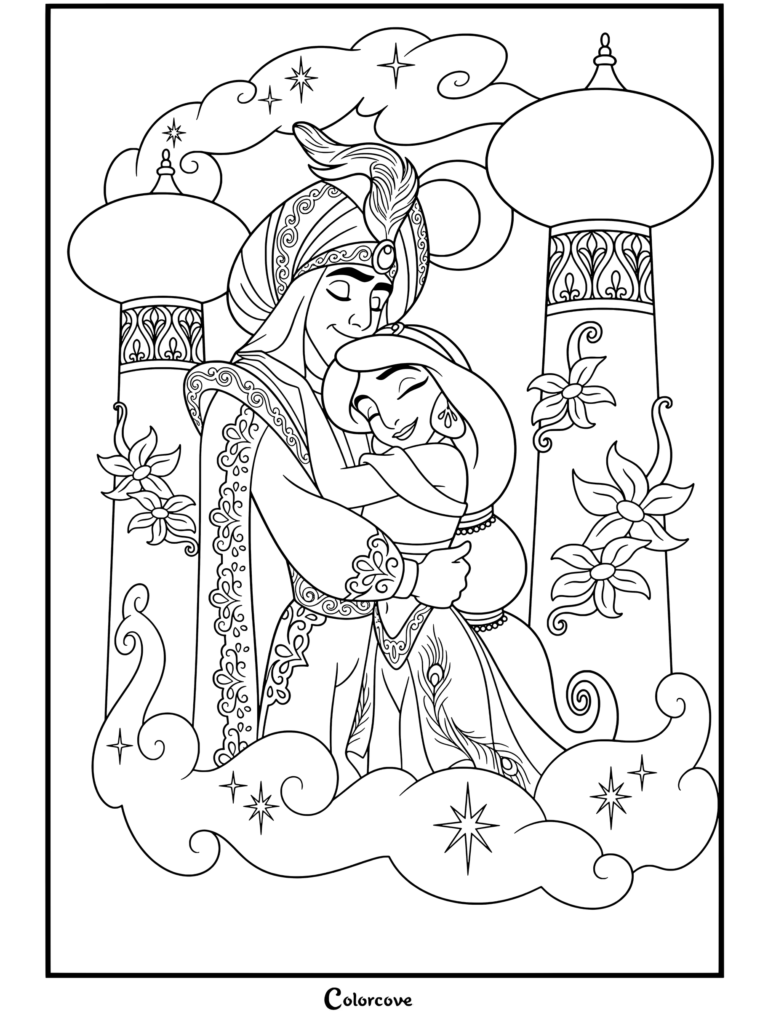 Dibujo para colorear de Aladdín y la Princesa Jasmín abrazándose románticamente en un balcón de Agrabah