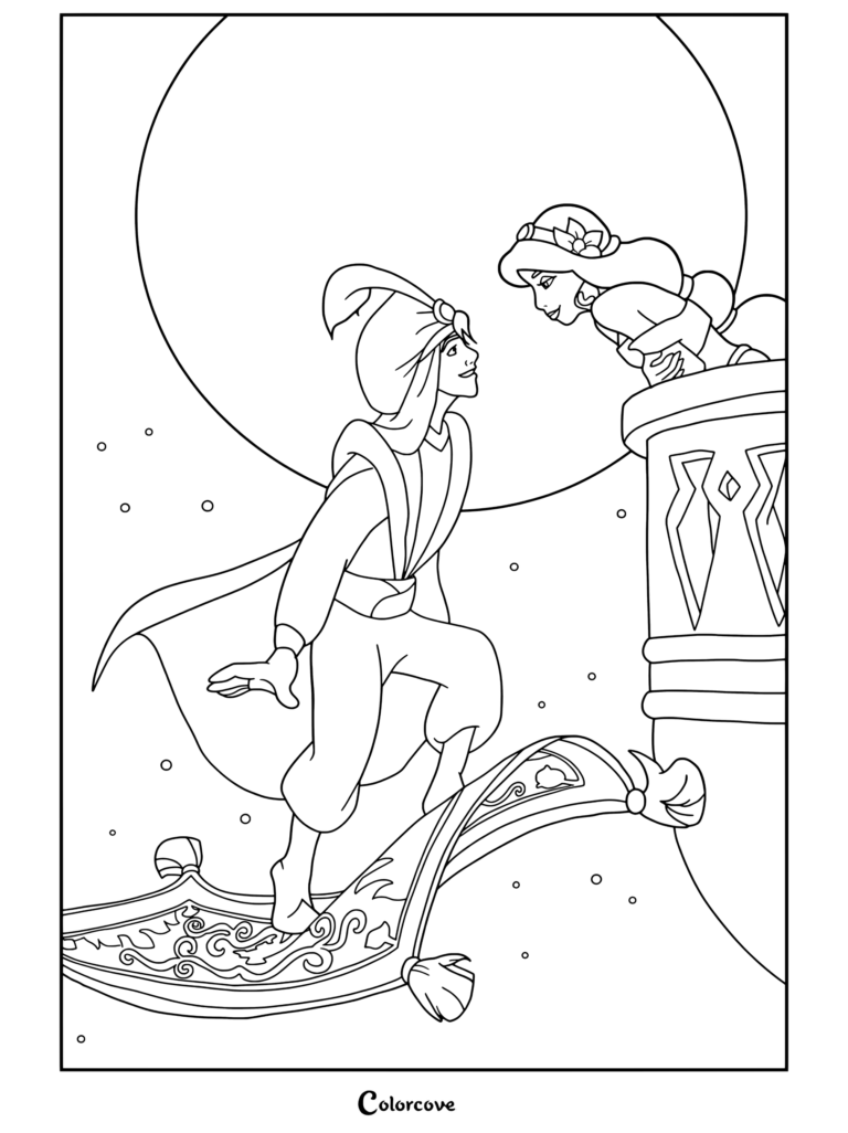 Dibujo para colorear para niños y adultos de Aladdín y la Princesa Jasmín en la Alfombra Mágica a la luz de la luna.