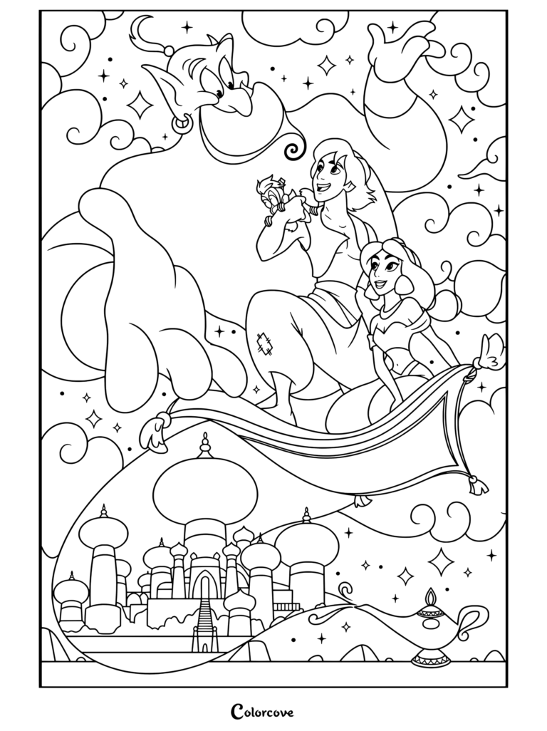 Dibujo para colorear de Aladdín y la Princesa Jasmín montando en la Alfombra Mágica con el Genio, Abú y el palacio debajo
