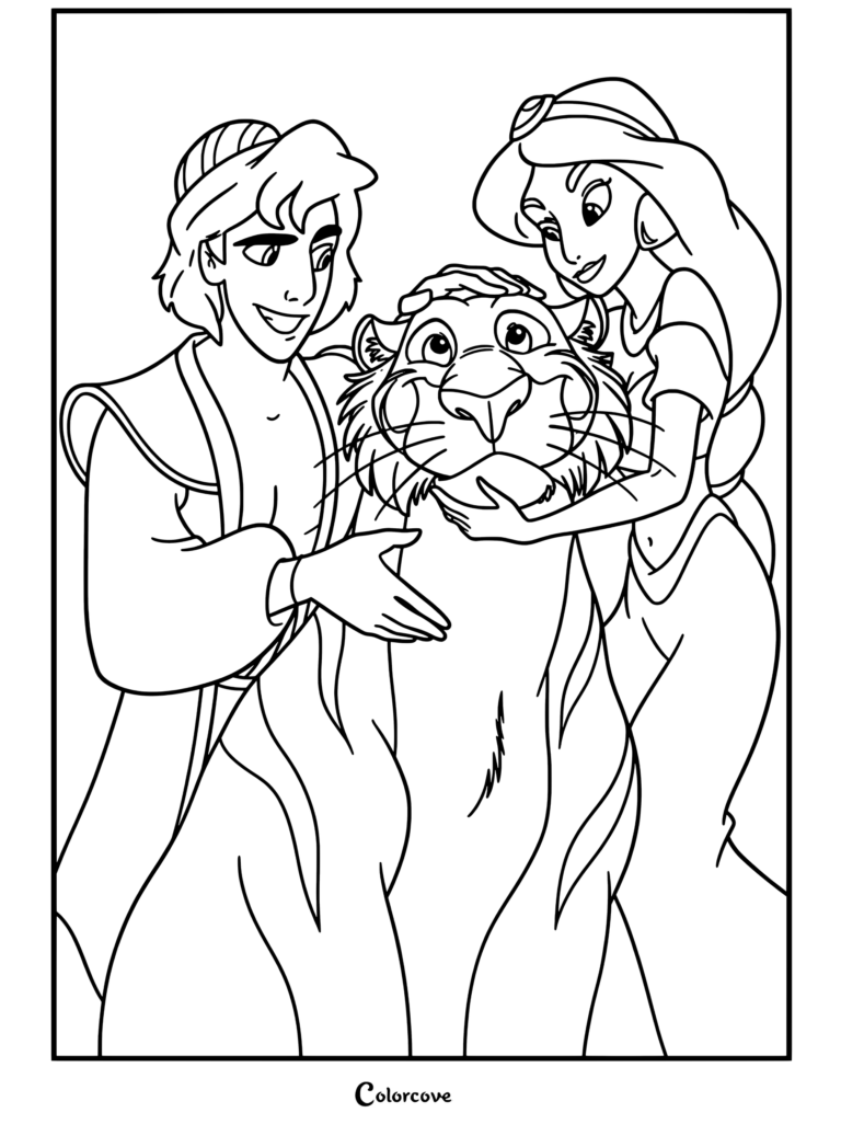 Dibujo para colorear para niños de Aladdín y la Princesa Jasmín acariciando con cariño al tigre Rajah