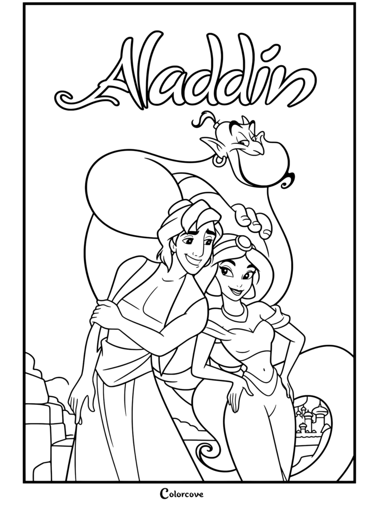 Dibujo para colorear de Aladdín y la Princesa Jasmín posando juntos con el Genio azul flotando tras ellos bajo una noche estrellada de la película animada Aladdín