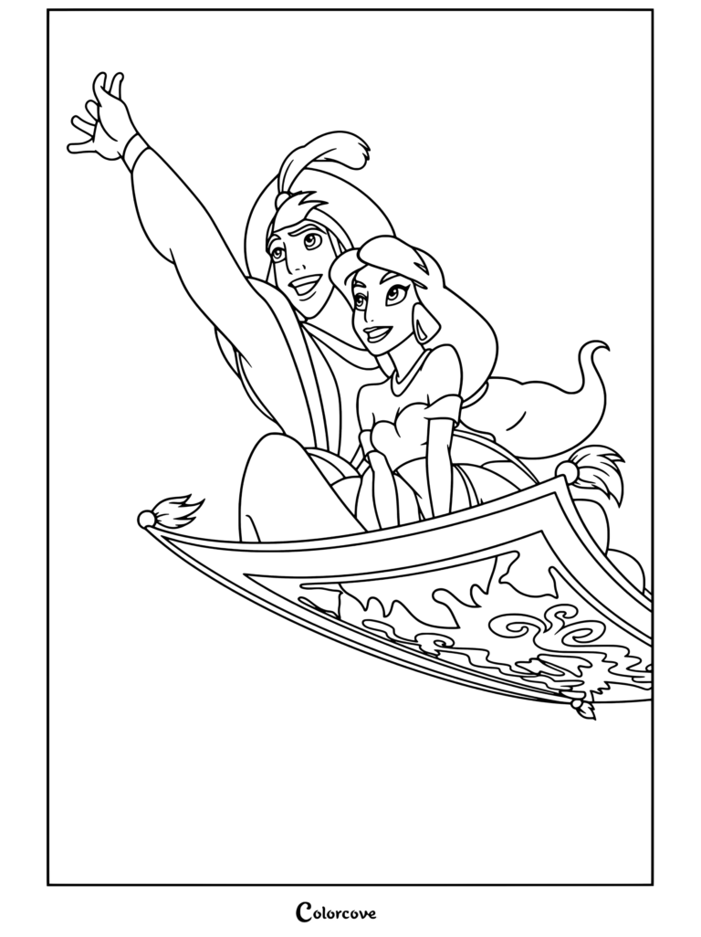 Dibujo para colorear de Aladdín y la Princesa Jasmín volando en la Alfombra Mágica