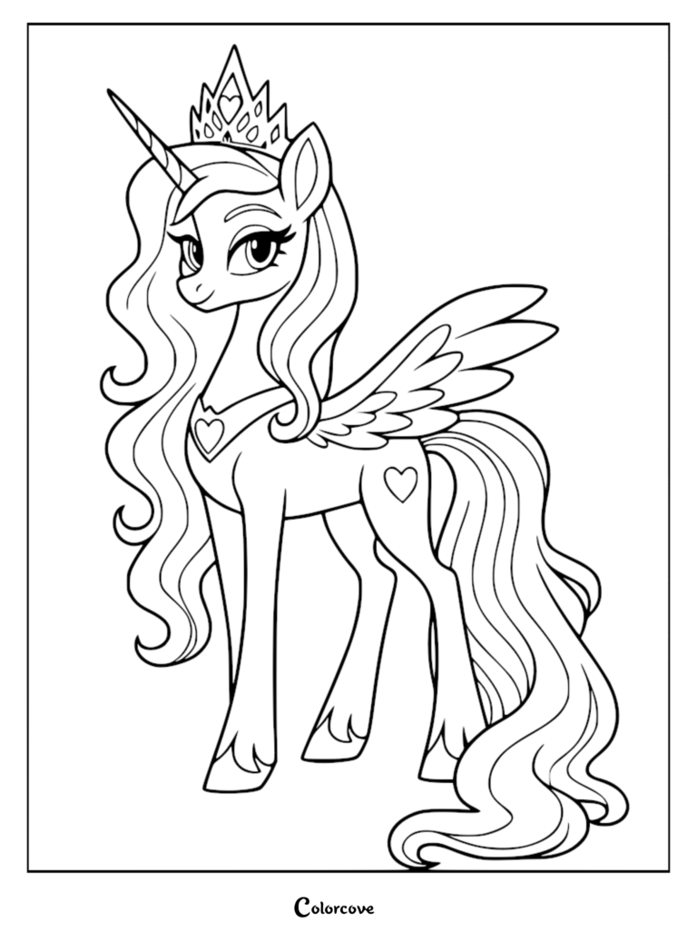 Princesa Celestia con una melena ondeante, corona y una marca de belleza en forma de corazón en una detallada página para colorear de arte lineal.