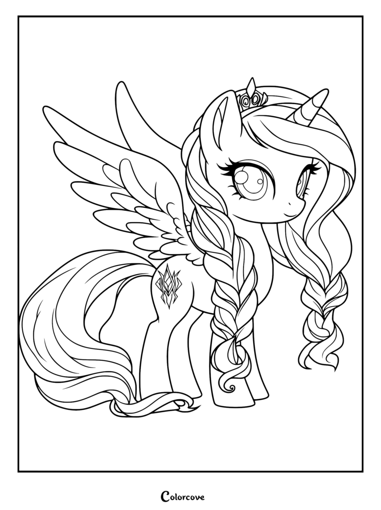 Princesa Cadance con una melena trenzada y corona en esta detallada página para colorear de alicornio.