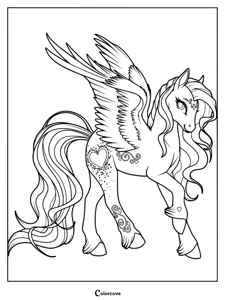 Una página para colorear detallada de un elegante alicornio con una marca de belleza en forma de corazón, melena ondeante e intrincados remolinos en las patas.