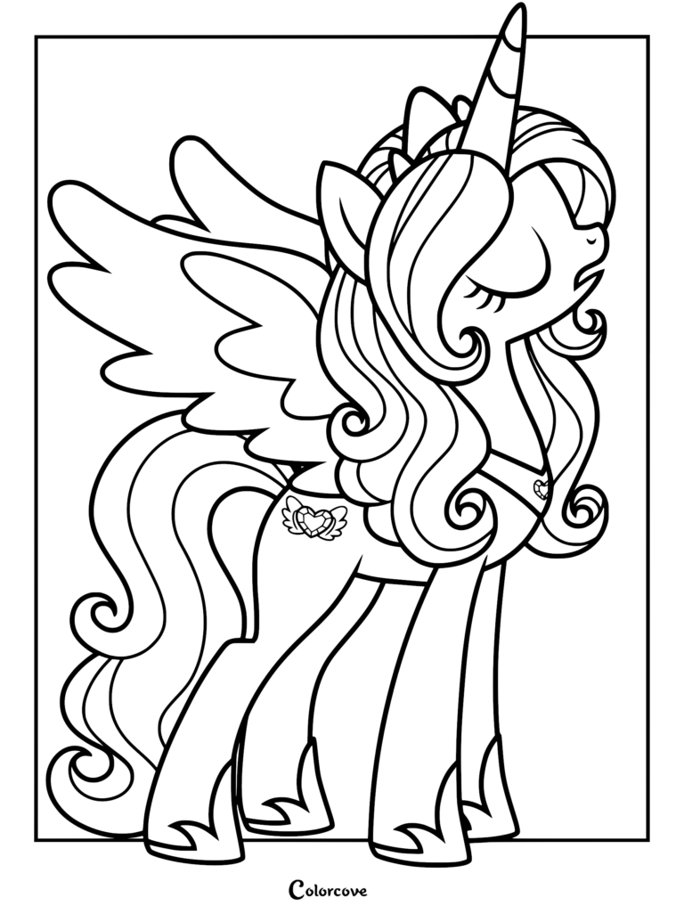 Princesa Cadance con una melena ondeante, alas y marca de belleza en forma de corazón en una página para colorear imprimible.