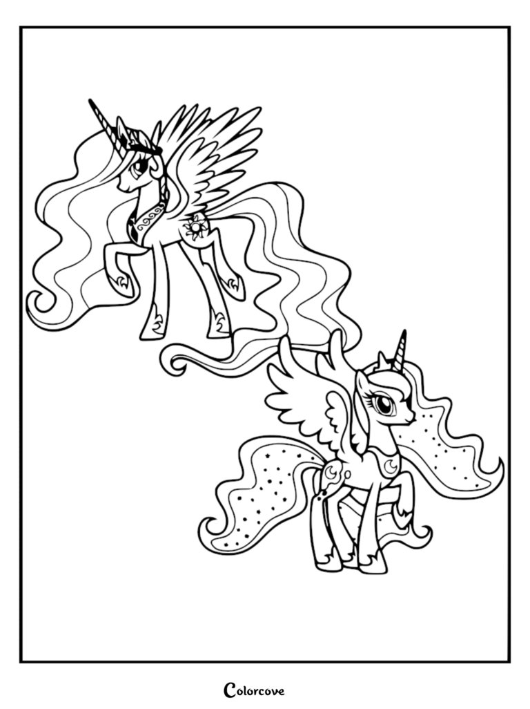 Princesa Celestia y Princesa Luna volando juntas en esta detallada página para colorear de arte lineal con sus melenas ondeantes y sus insignias reales.
