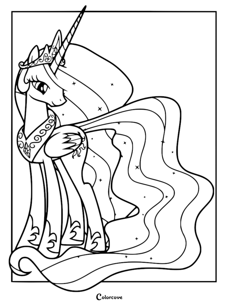 Princesa Celestia luciendo su corona y collar real con una larga melena ondeante en esta página para colorear imprimible.