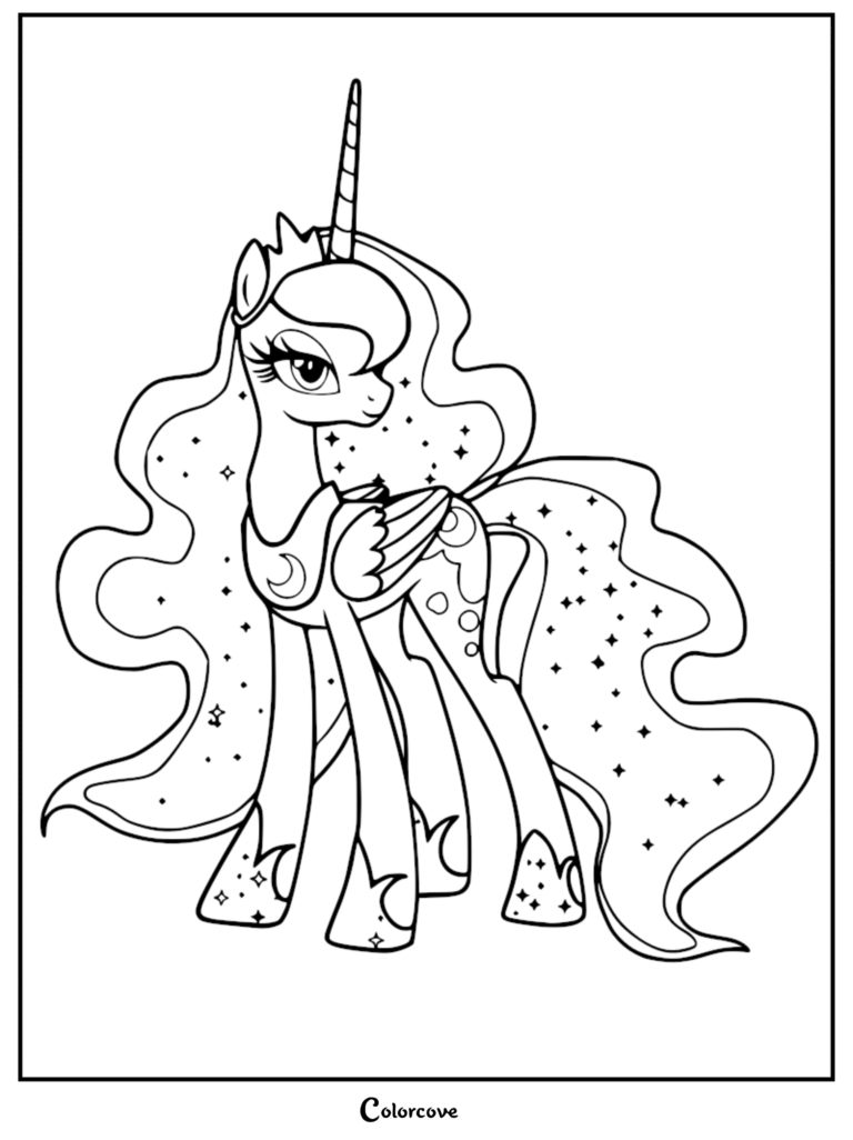 Princesa Luna con melena y cola estrelladas y ondeantes en una detallada página para colorear de arte lineal.