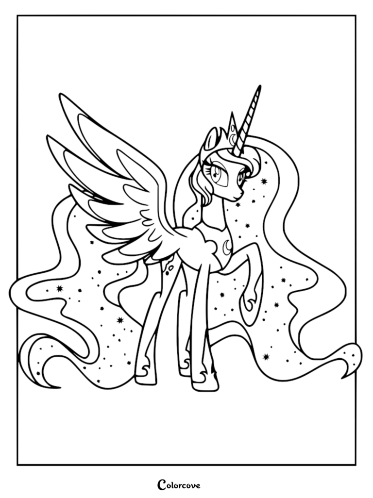 Princesa Luna con una melena estrellada y ondeante y alas en una página para colorear de arte lineal detallado.