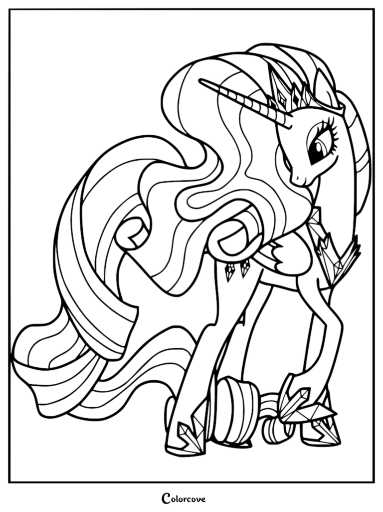 Rarity como alicornio con una melena ondeante y accesorios de cristal en esta página para colorear imprimible.