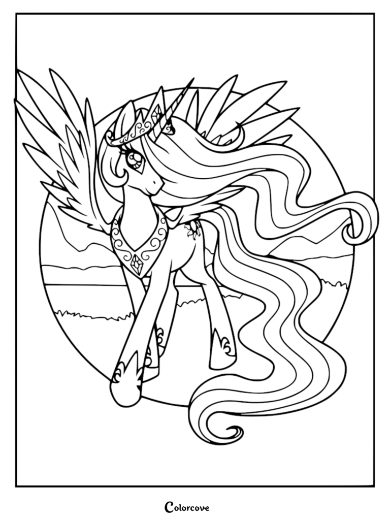 Princesa Celestia, la benevolente gobernante alicornio de Equestria, en una página para colorear imprimible con su melena ondeante y sus insignias reales.