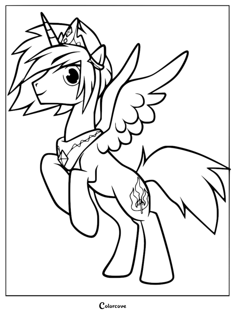 Princesa Cadance luciendo una corona y una pechera en esta detallada página para colorear de alicornio.