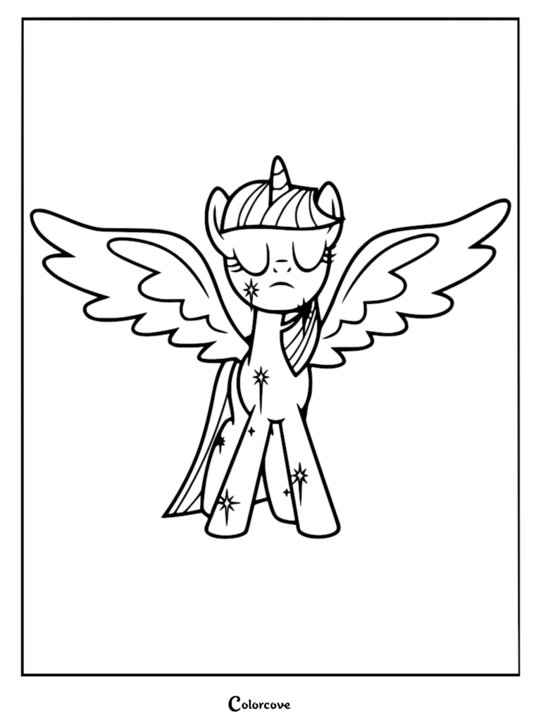 Twilight Sparkle de My Little Pony con alas y cuerno en una página para colorear de transformación mágica