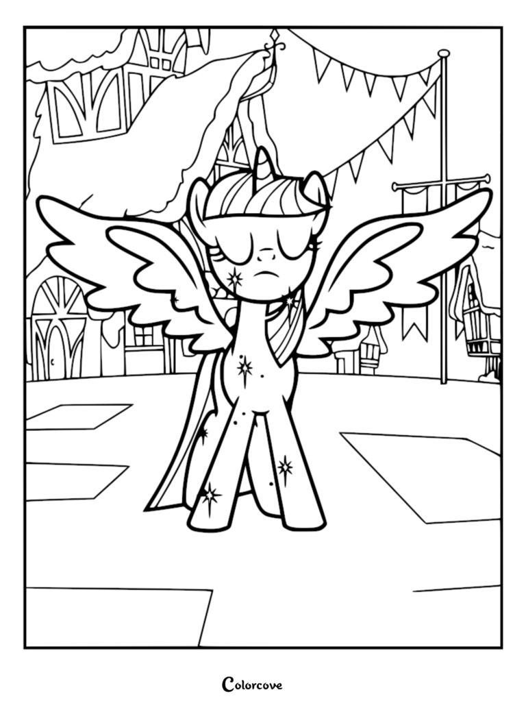 Twilight Sparkle de My Little Pony transformándose en alicornio en el episodio Magical Mystery Cure, presentado en una página para colorear imprimible.