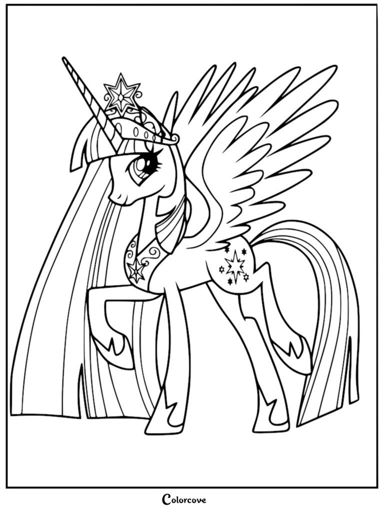 Princesa Twilight Sparkle como alicornio vistiendo su corona real y pechera en esta detallada página para colorear con arte de líneas.