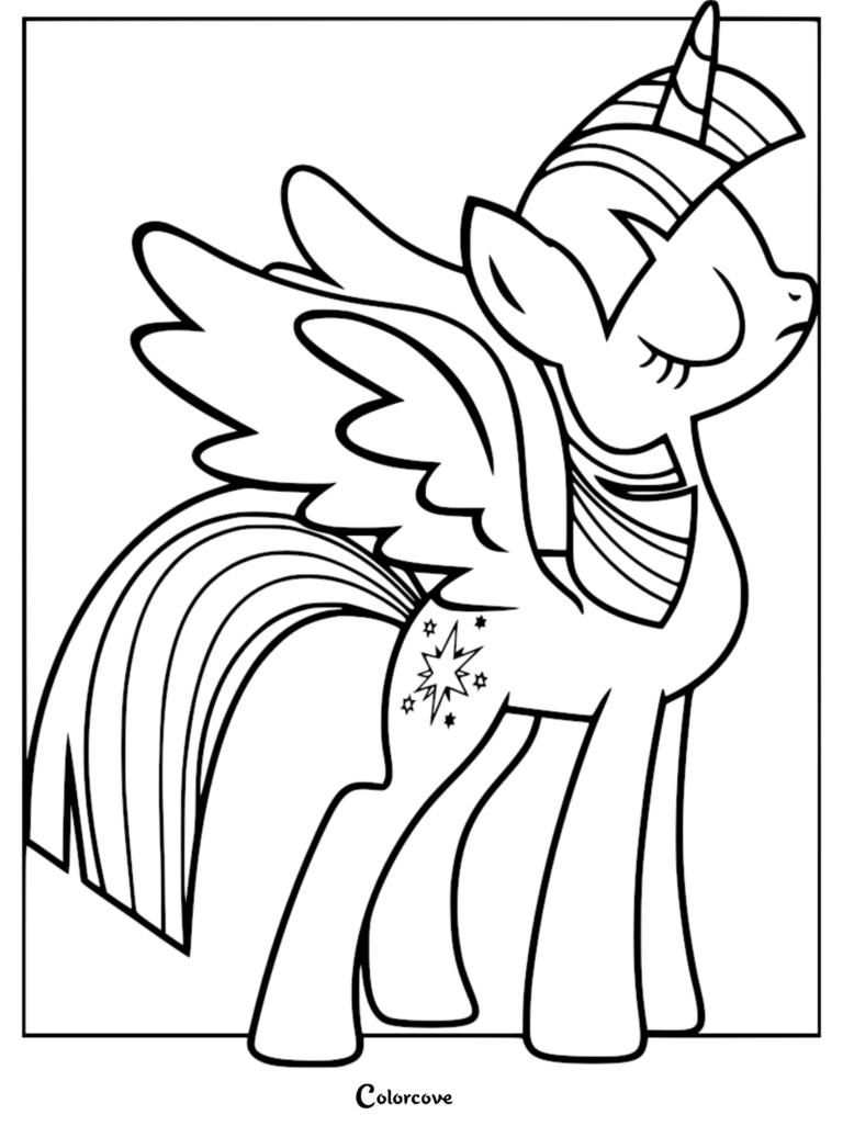 Twilight Sparkle como alicornio con alas y cuerno de perfil para una página para colorear imprimible.