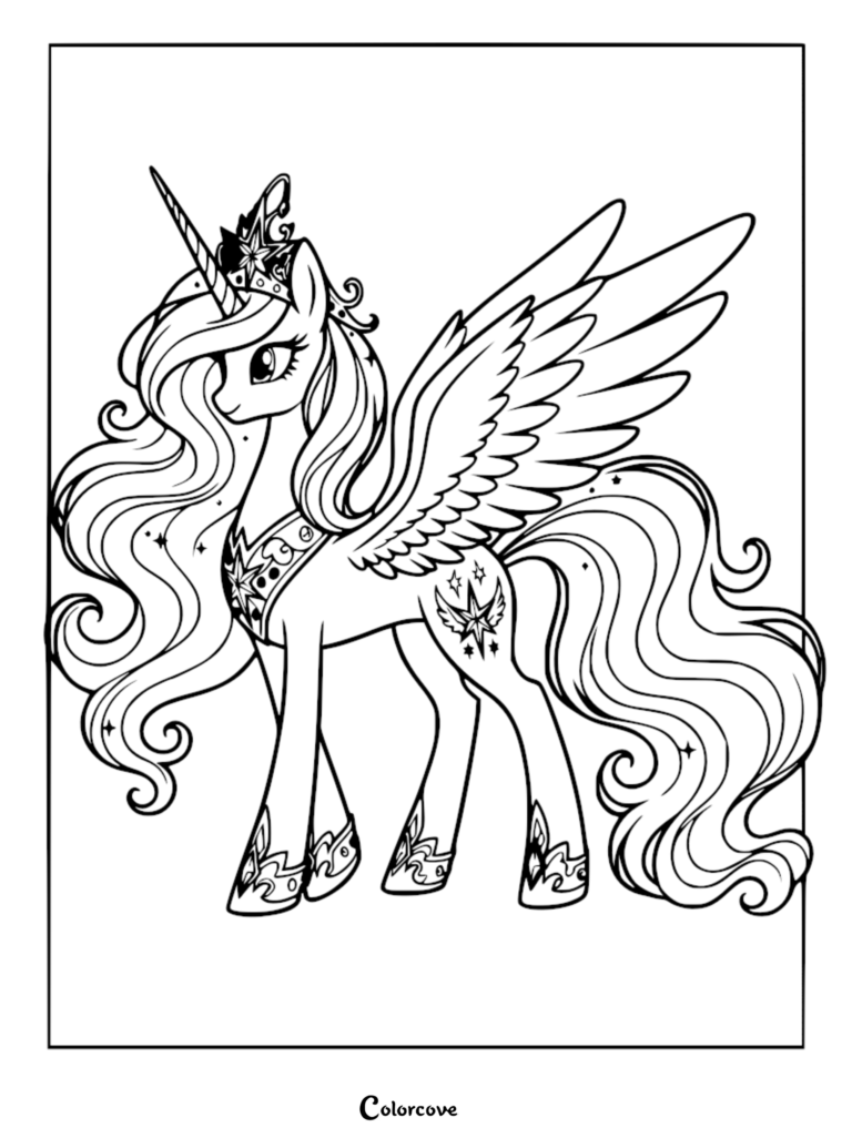Princesa Twilight Sparkle luciendo su corona real y su pechera ornamentada en esta detallada página para colorear de alicornio.
