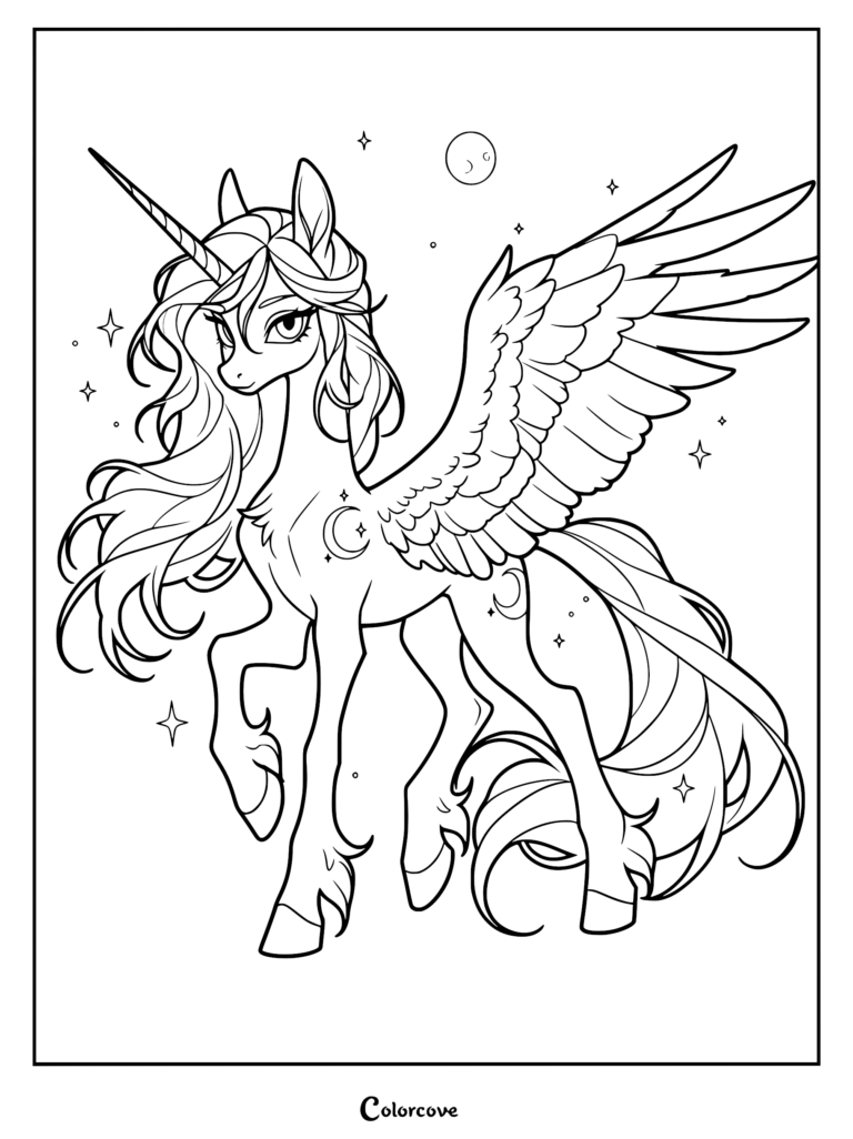 Una página para colorear detallada de un alicornio creado por fans que presenta un unicornio alado con melena ondeante, marcas de media luna y estrellas brillantes en el fondo.