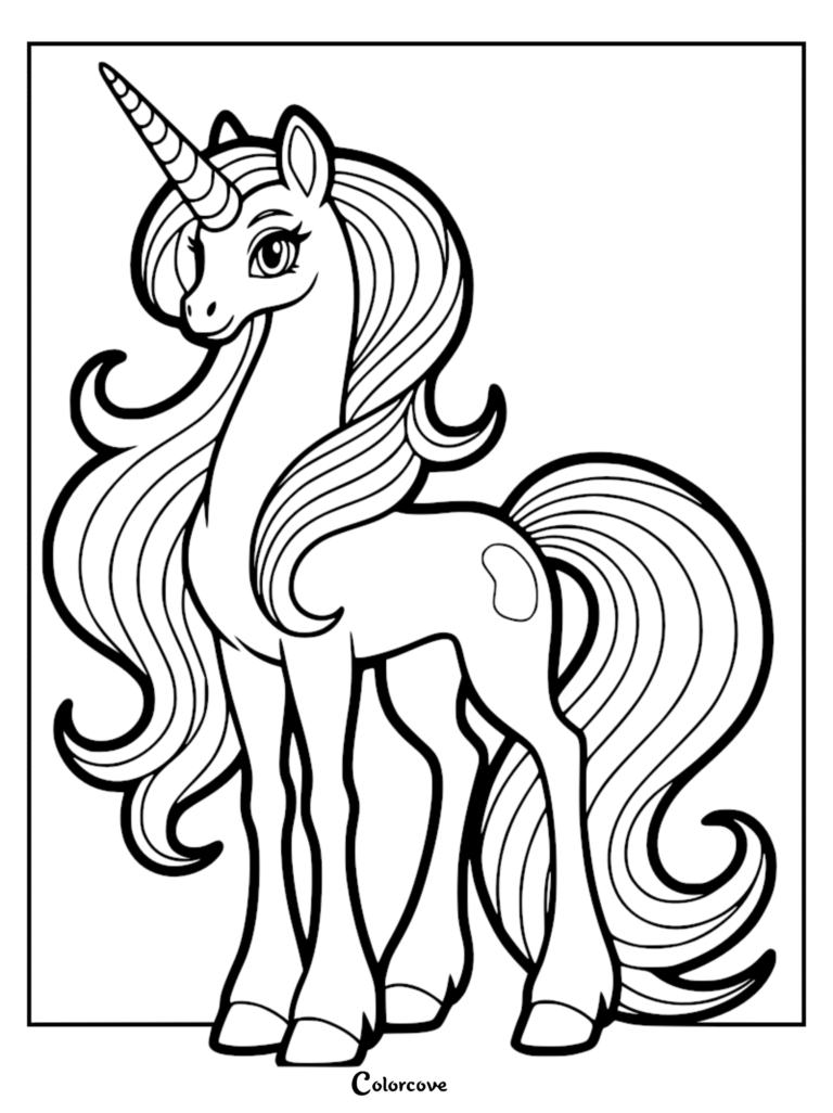 Una página para colorear imprimible con un alicornio arcoíris creado por fans, con una larga melena y cola ondeantes, de pie con elegancia.
