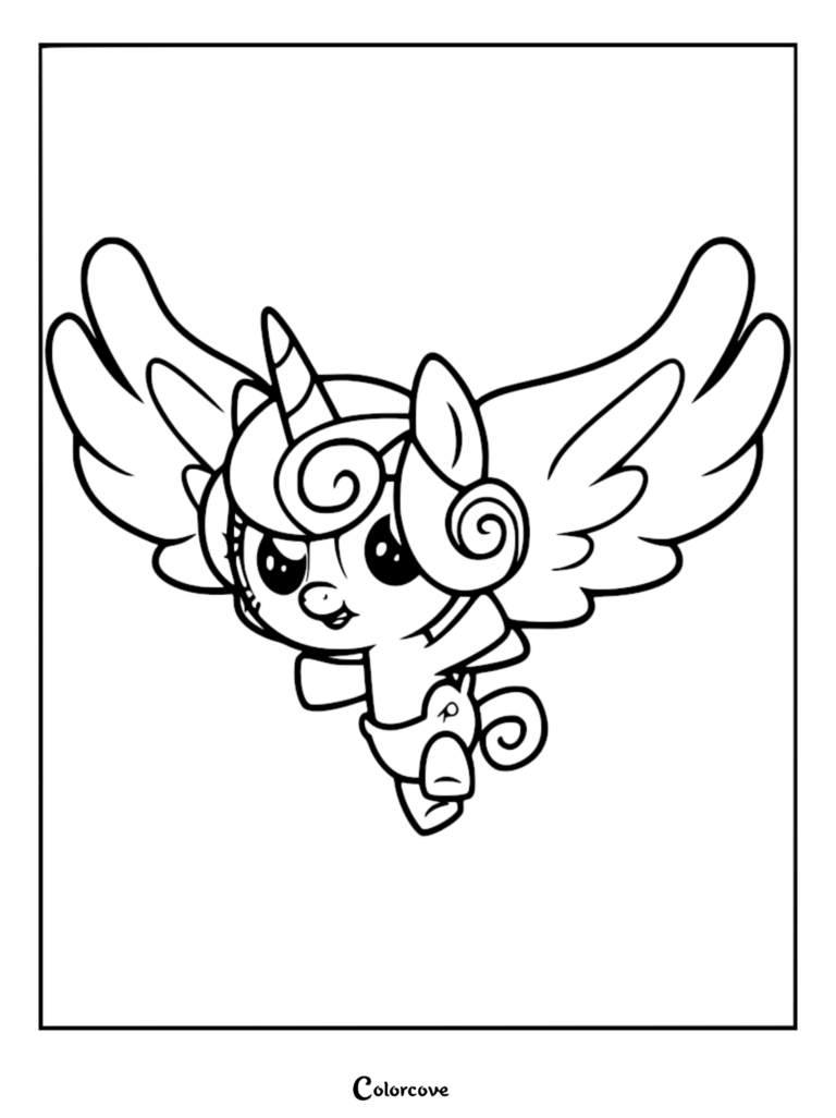 Una linda página para colorear de arte lineal de la bebé Flurry Heart con sus alas bien abiertas y un solo cuerno en la cabeza.