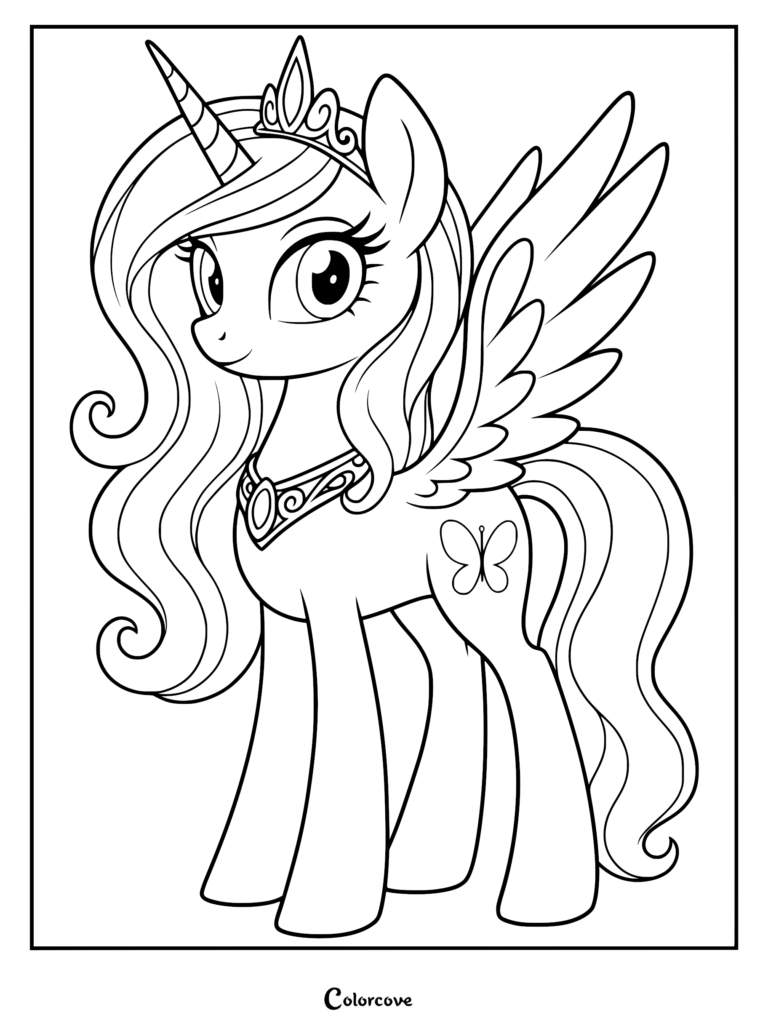Princesa Cadance con una marca de belleza de mariposa, corona y collar en esta detallada página para colorear de alicornio.