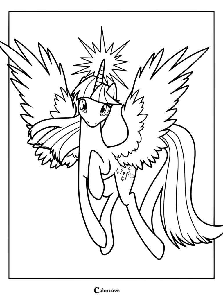 Princesa Twilight Sparkle con las alas extendidas y el cuerno brillante en esta página para colorear imprimible.